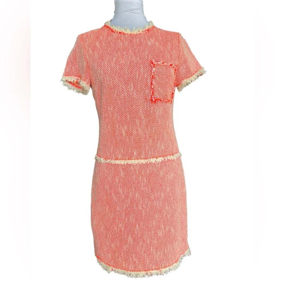 Rebecca Taylor Size 2 Coral Cream Tweed Shift Dress Short Sleeve